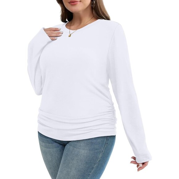 Long Sleeve Ladies Shirt Ruched Crew Neck Breathable Lightweight Casual - Picture 6 of 6